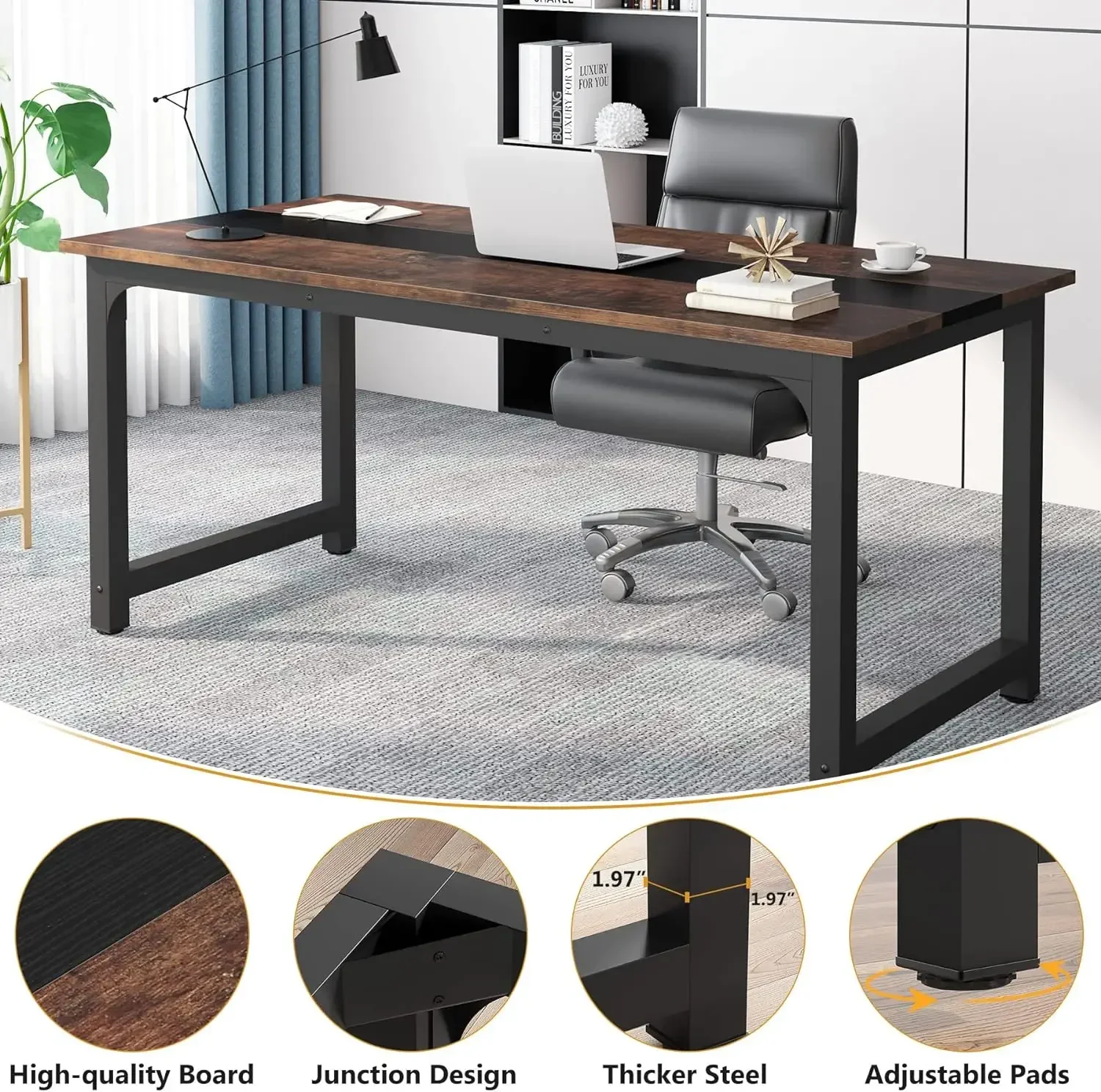 Meja komputer kantor Eksekutif 70 inci, dengan bingkai tebal, furnitur bisnis sederhana Workstation untuk rumah kantor, Vintage cokelat/hitam