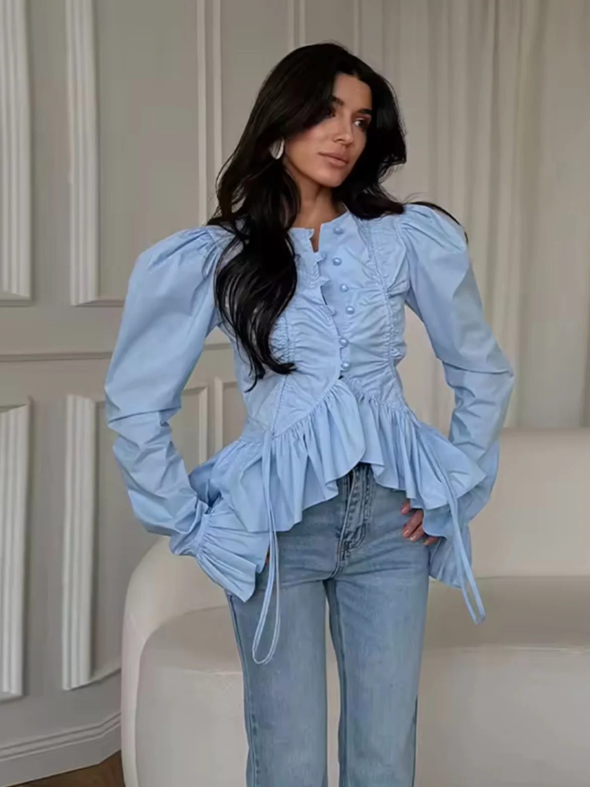 Sweet Style Shirt Blouse with Drawstring Bell Sleeves Asymmetrical Hem Leaf  Design Comfortable Breathable Long Sleeve Wo...