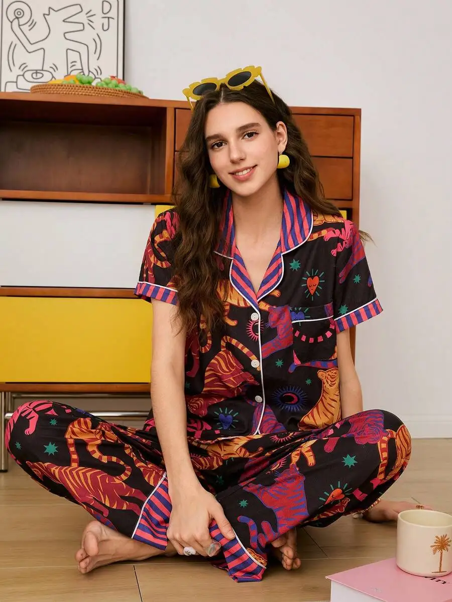 Tiger Print Colorblock Striped Ruffle Front Women Pajama Set Lounge Wear Sleepwear Two Piece