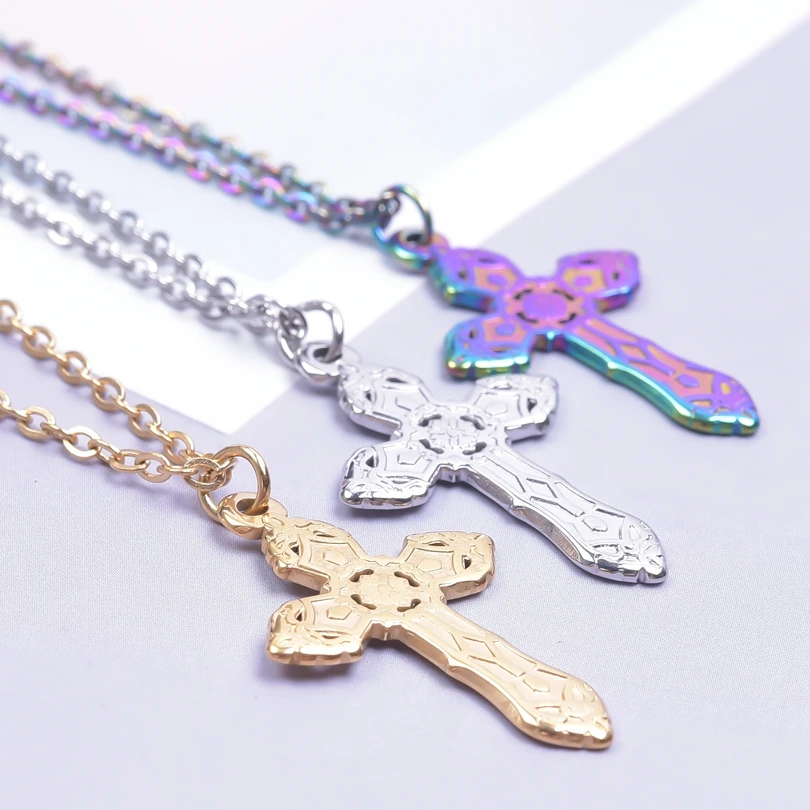 

1pcs Cross Pendant Necklaces For Women Men Accessories Metal Vintage Jewelry Stainless Steel Necklace Simple Chain No Fade Gift