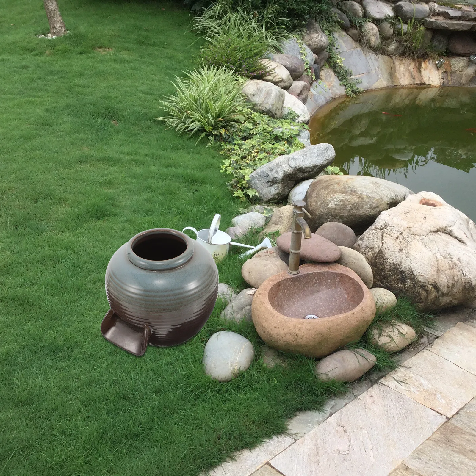 Fuente de cerámica para exteriores con cascada, maceta de cerámica con circulación de agua, pecera, decoración para patio y jardín, fuente para estanque