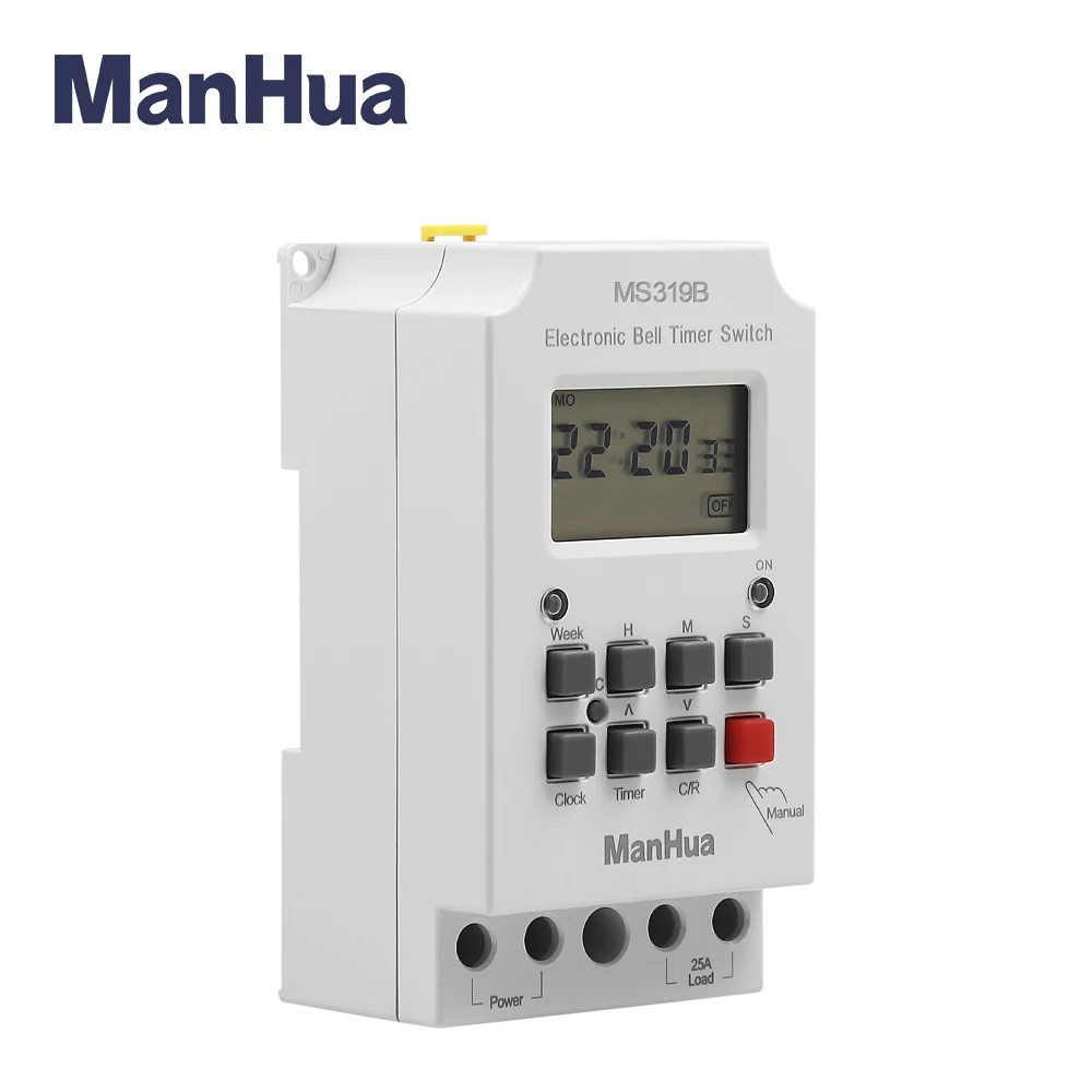 ManHua MS319B 200-240VAC 25A 99ON Programmable Din Rail Digital Timer Switch School Bell Time Controller