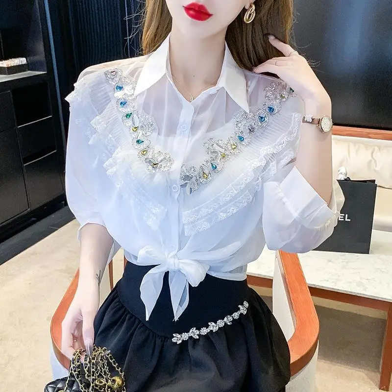 Spring Autumn New Fashion Solid Color POLO Colla Long Sleeve Women\'s Clothing Shirts Diamonds Lace Button Chiffon Sweet Blouses