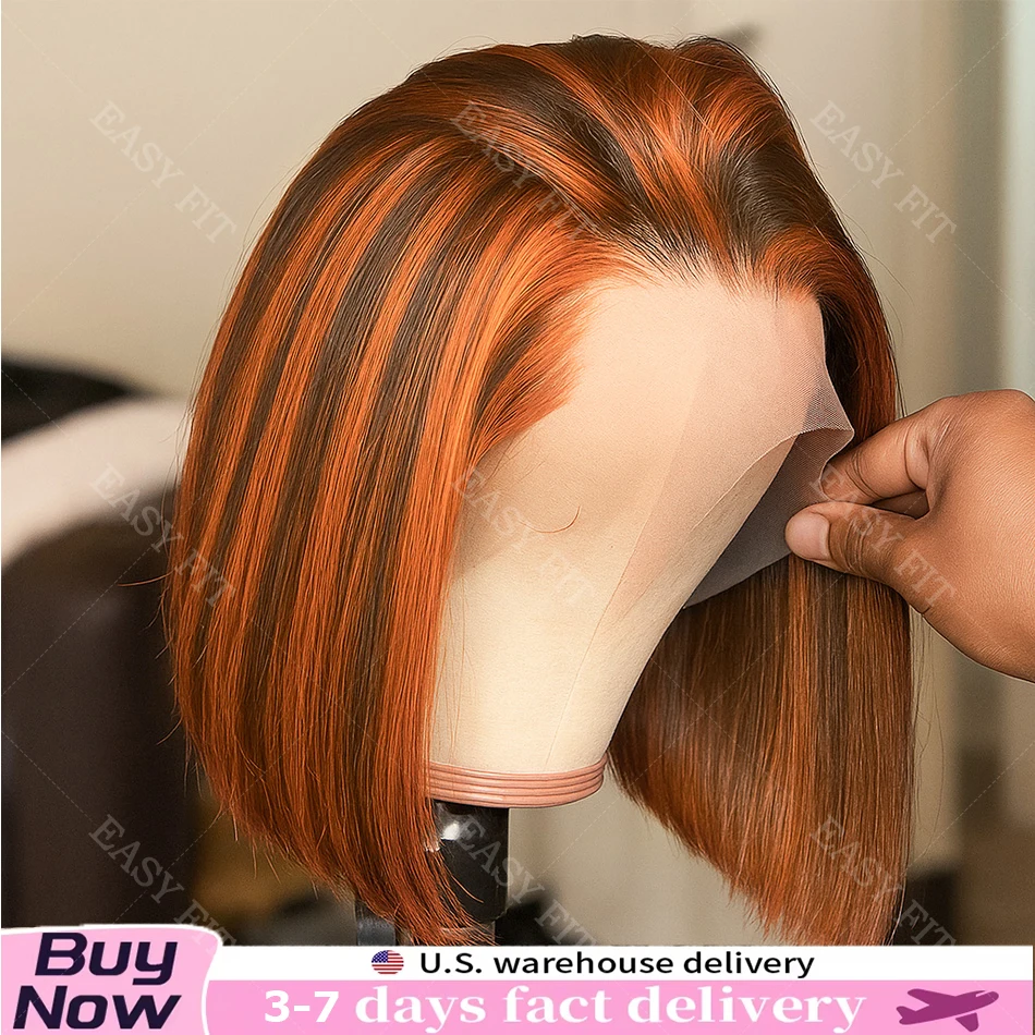 

Short Bob Wig 4/350 Ginger Mix Brown Color Straight Lace 5x5 Wear Go Glueless Highlight Wigs 13x4 HD Lace Front Human Hair Wig