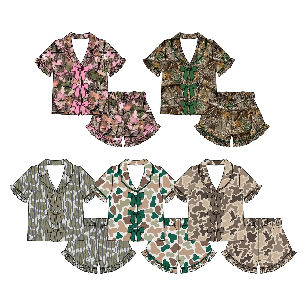 Camouflage Print Girls Summer Ruffled Short-Sleeved Shorts Bow Decorated Boutique Lapel Pajamas Set