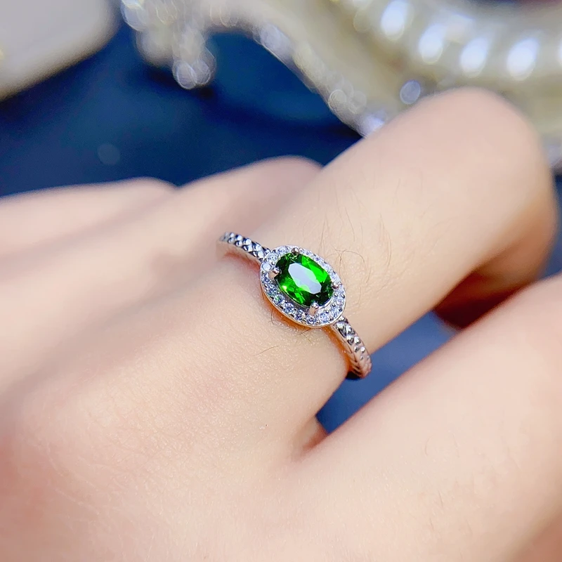 Natural diopside ring, 925 silver, crystal clear, dark green, luxurious style,