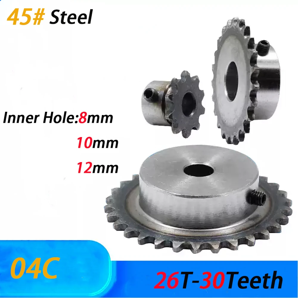 25H 45# Steel 04C Sprocket 26T-30Teeth Inner Hole 8/10/12mm Sprocket 04C Table Wheel Finished Hole Sprocket Screw Hole M5 1pcs