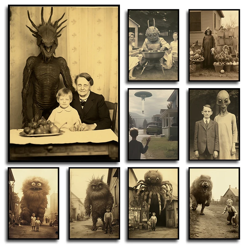 Vintage UFO Alien Family Photograph Werewolf  Horror Posters and Prints Canvas Printing Wall Art Picture for Living Room Decor