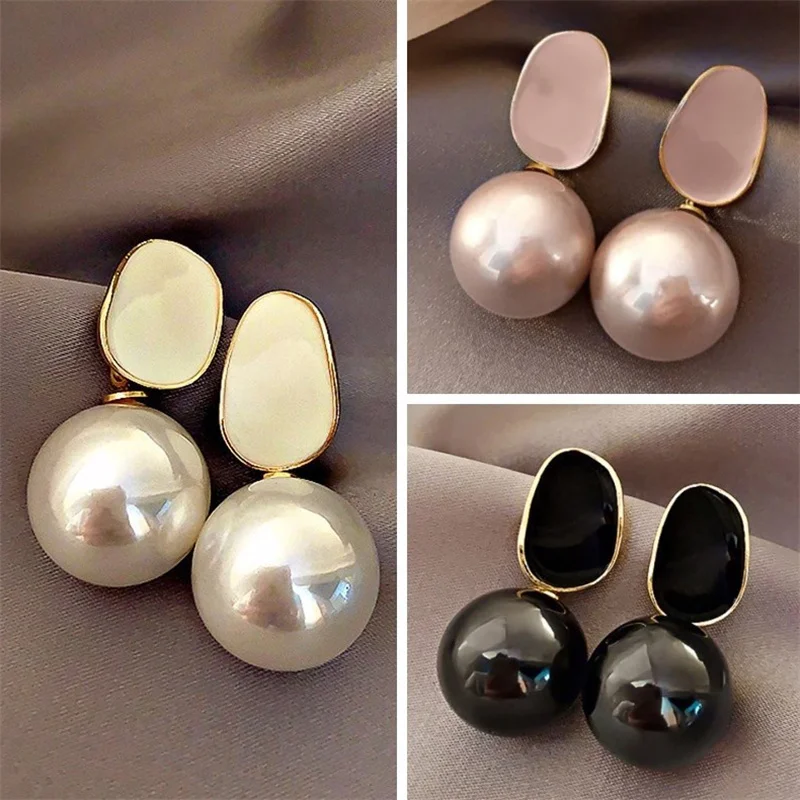 Pink White Pearl Dangle Earrings For Women Black Geometric Acrylic Round Ball Pendants Famale Drop Earrings Elegant Ear Jewelry