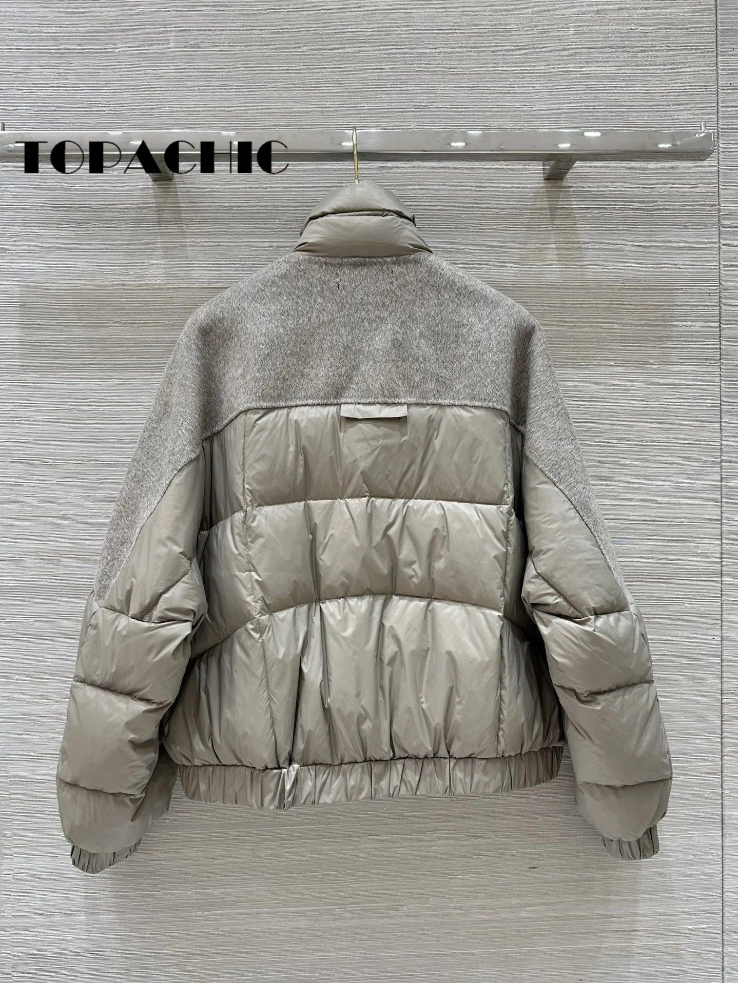 10.8 TOPACHIC-Women\'s Loose Double-Sided Wool Spliced Goose Down Long Sleeve Jacket Big Pocket Elastic Hem Short Outerwear