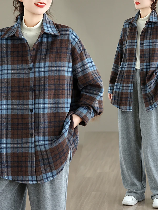 

Casual Long Sve irt Women's plus Size Artistic Retro Versatile Plaid Single Buttoned Casual Sle Loose Fit Autumn irt