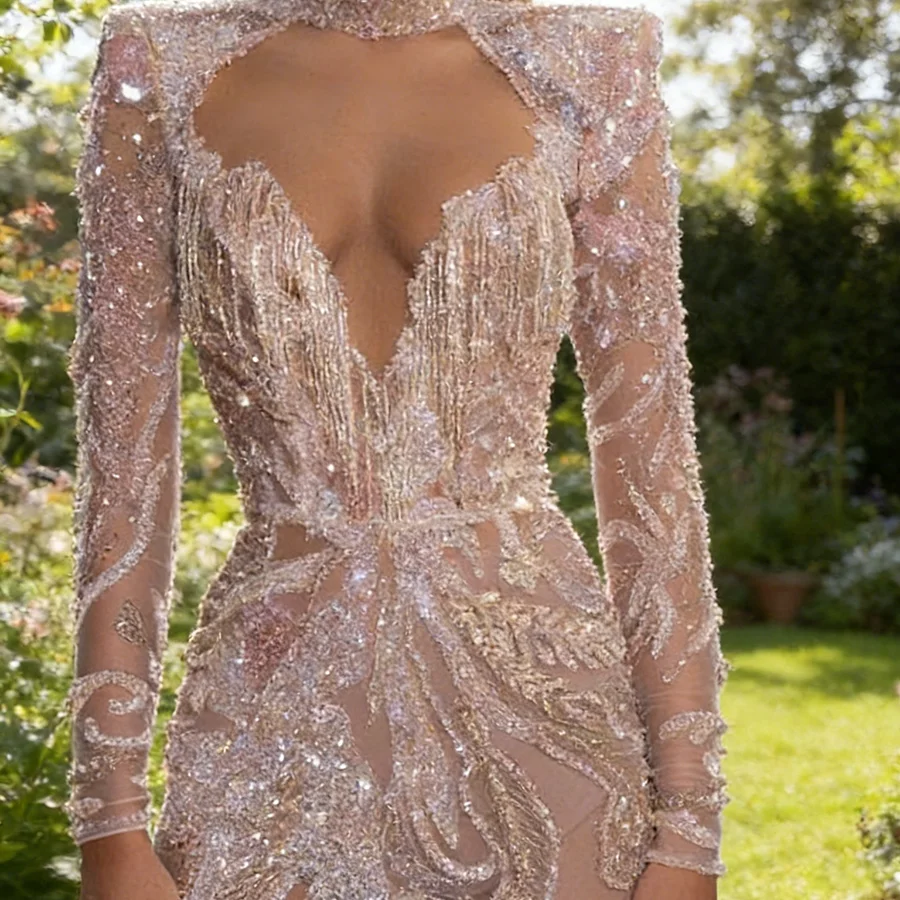 

Роскошные вечерние мини-платья с высоким воротником, пайетками и блестящими бусинами, с длинными рукавами, для торжественных мероприятий, дней рождения, выпускных вечеров, на заказ