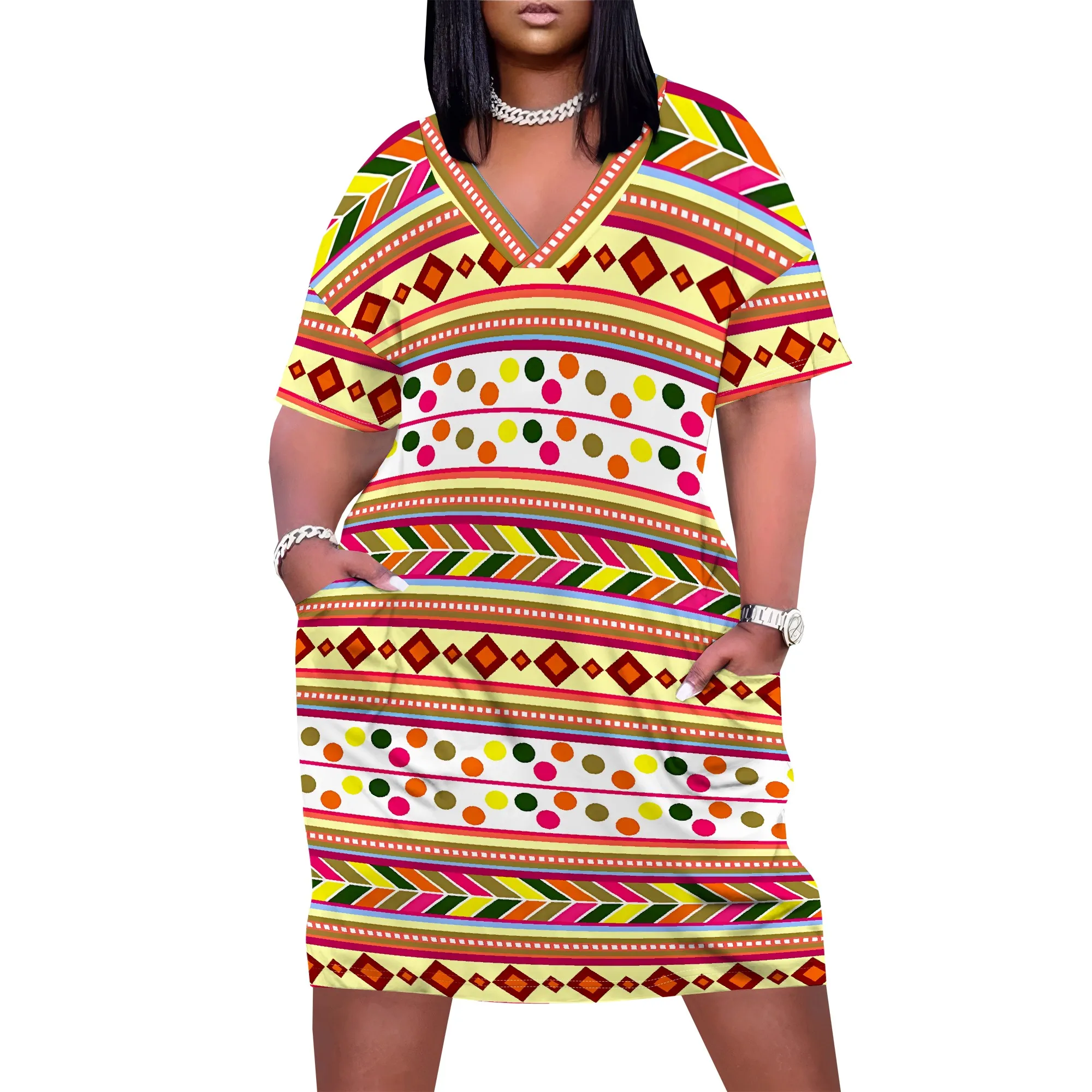 Vestido midi con cuello en V de talla grande, étnico, tribal, estampado geométrico, informal, suelto, con bolsillo de verano para mujer