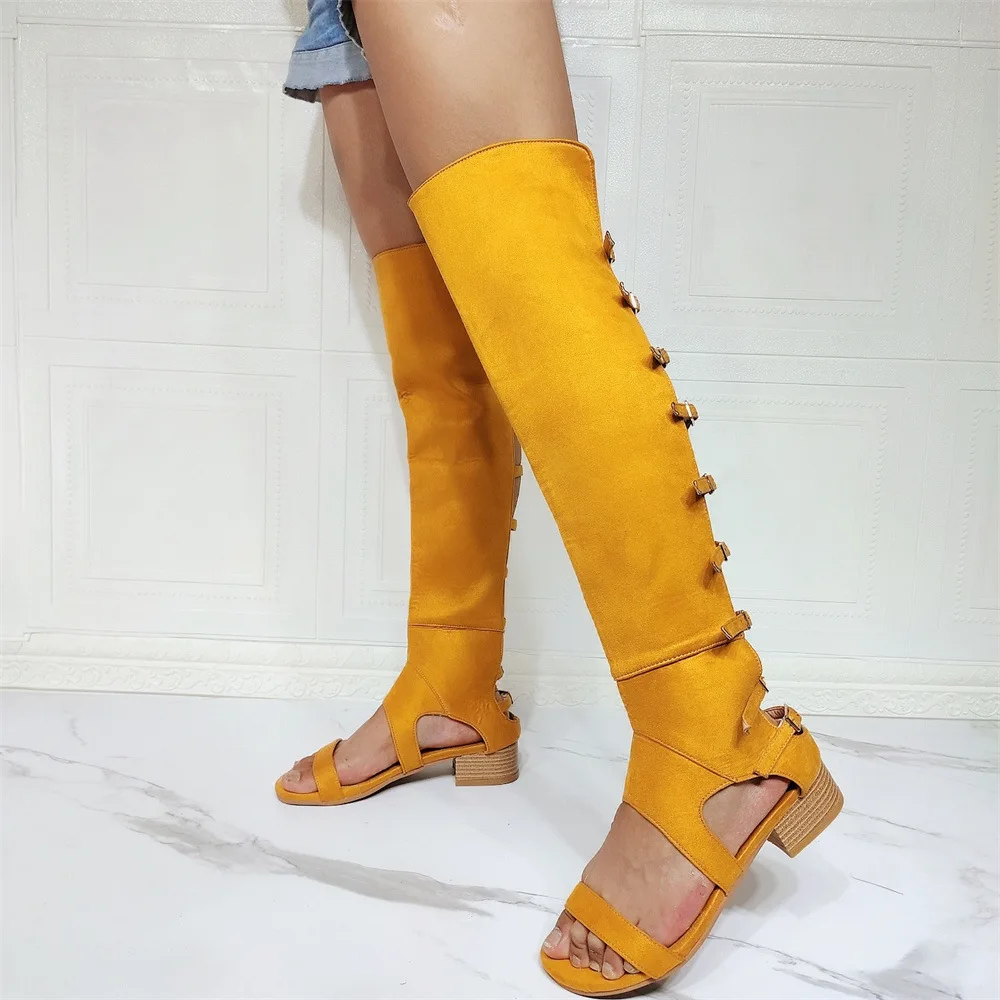 Luxury Flat Gladiator Sandals Woman Open Toe Suede Leather Low Heels Shoes Lady Hollow Knee High Boots Summer