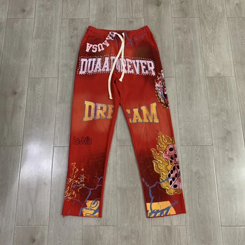 New DUAA Men Vintage Red Dice Flame Print Sweatpants Y2K Hip Hop Loose Flare Streetwear Casual Duaa Trousers