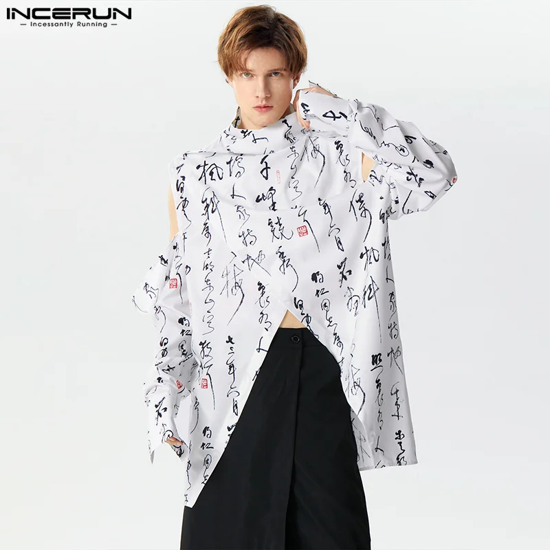 Men Shirt Printing Turtleneck Off Shoulder Long Sleeve Streetwear Irregular Shirts Men 2024 Loose Fashion Casual Camisas INCERUN