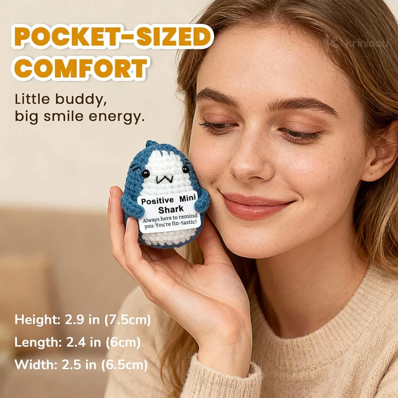 هدية سمك القرش الكروشيه على شكل حيوان إيجابي، قطة عاطفية صغيرة مع رسالة دعم عاطفي محبوكة يدويًا دمية البطريق