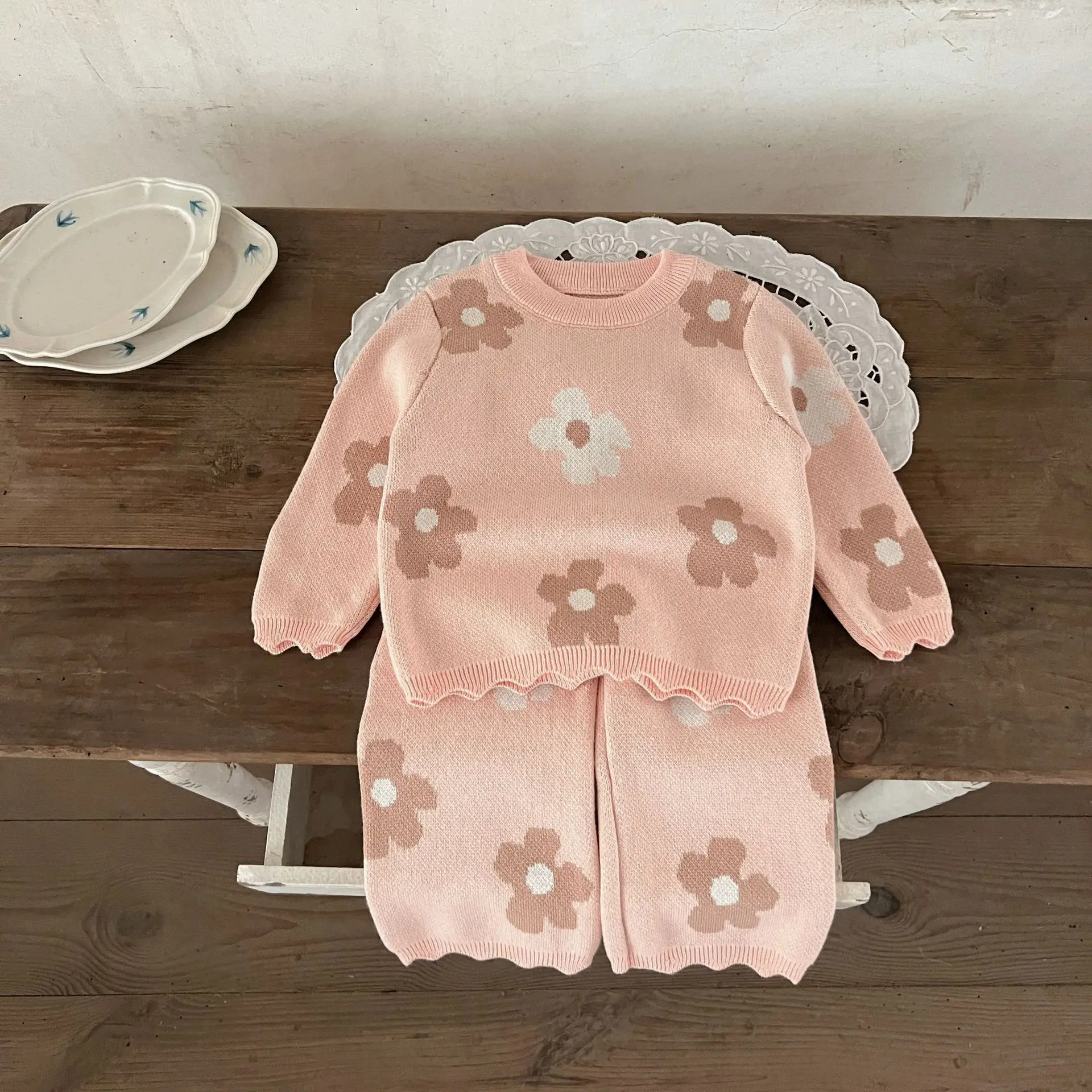 Ins Autumn Baby Girl 2PCS Clothes Set Cotton Flower Infant Girls Sweater Outfits Toddler Girl Outwear Loose Wide Leg Pants Suits