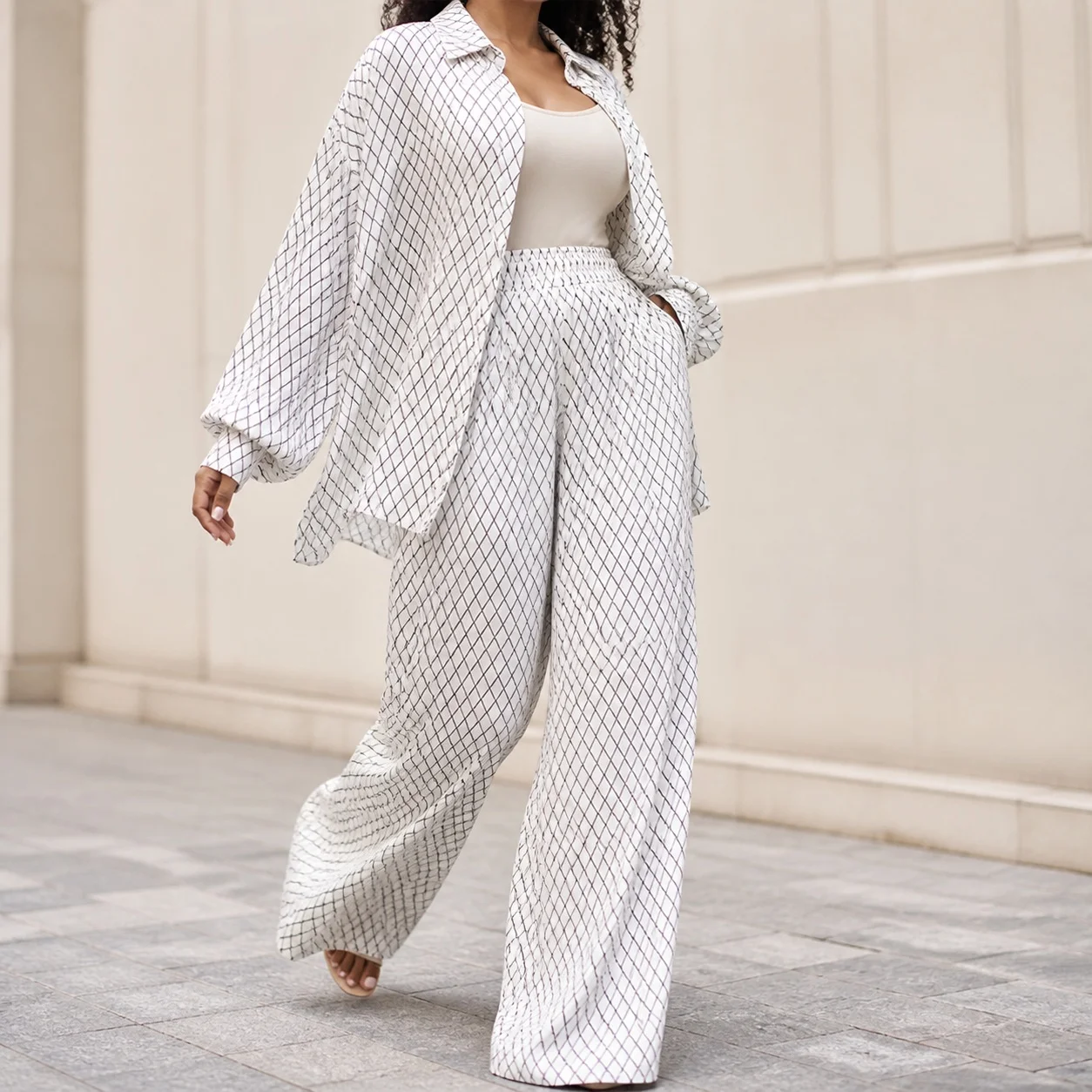 Women's Casual Printed Geometric Pattern Button Sleeve Pants 2-Piece Set Summer Matching Outfit Women Sets Clothing Two Piece