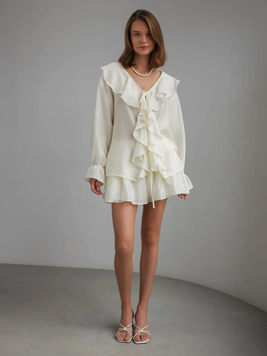 

Fashion Flounce Shorts Outfit Spring Women Long Sleeve Lace Up Tops+High Waist Loose Casual Wide Leg Shorts Autumn Two Piece Set