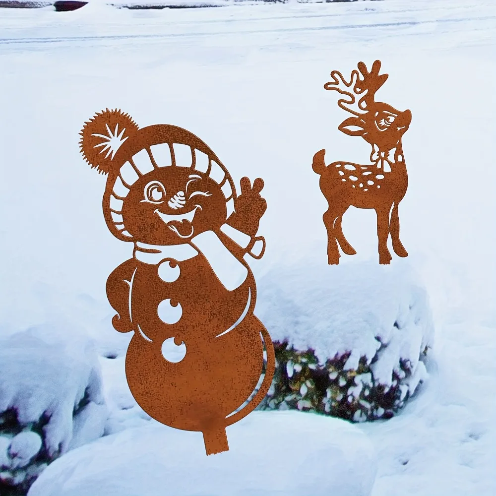 طقم حصة حديقة رجل الثلج على شكل غزال عيد الميلاد المعدني الريفي مكون من قطعتين - ديكور خارجي عالي التحمل يشبه الحديد مع تماثيل غزال شتوية