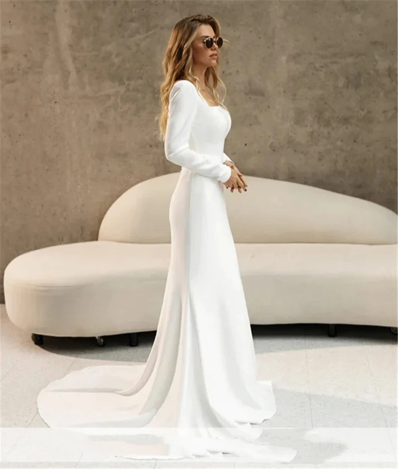 Elegant Satin Wedding Dresses Long Sleeves Mermaid Square Collar Bridal Gowns Luxury Robes 2025 Vestidos De Novia Customized