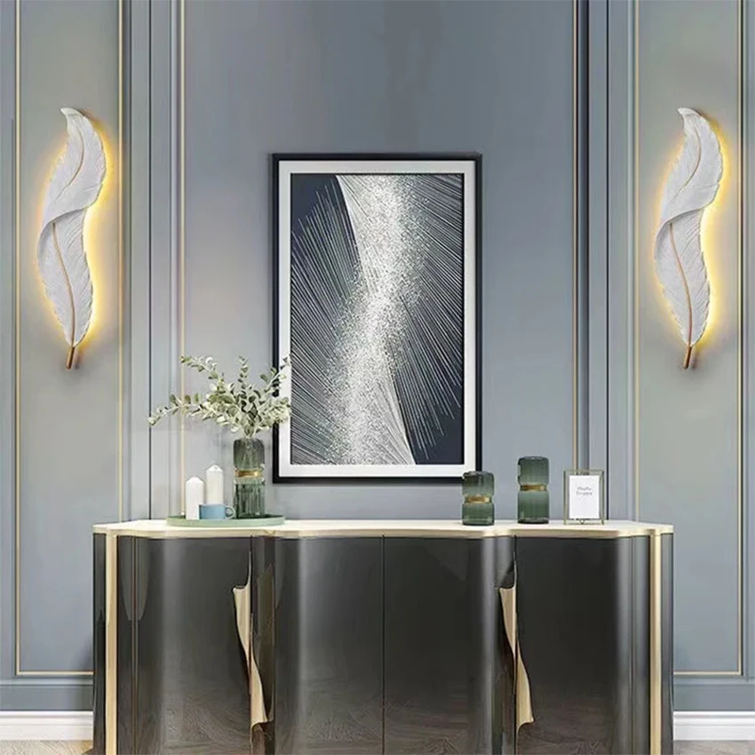 Nordic feather wall lamp, living room, bedroom, headboard, foyer, creative feather lamp, resin aisle, minimalist background ligh
