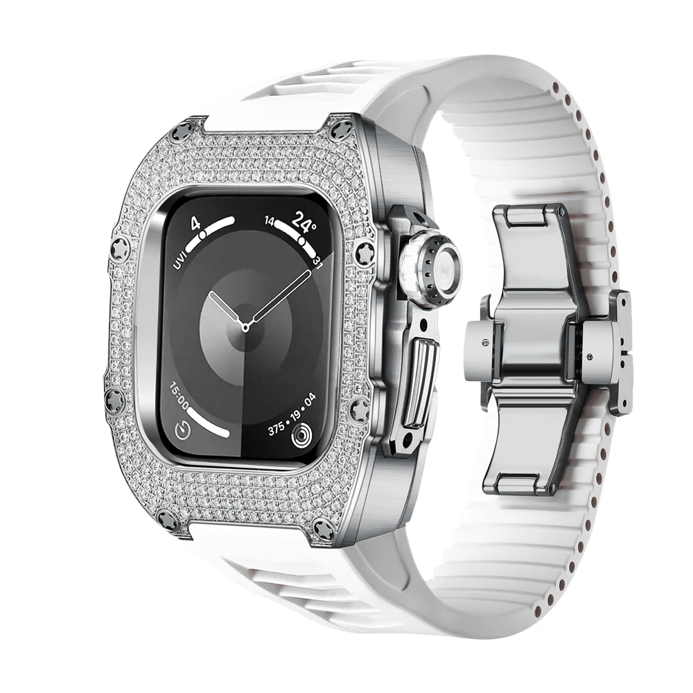 Mod Kit for Apple Watch s9 8 7 41mm Luxury Titanium Diamond Inlaid Accessories Apply to  s6/5/4 SE 40mm Case and White band