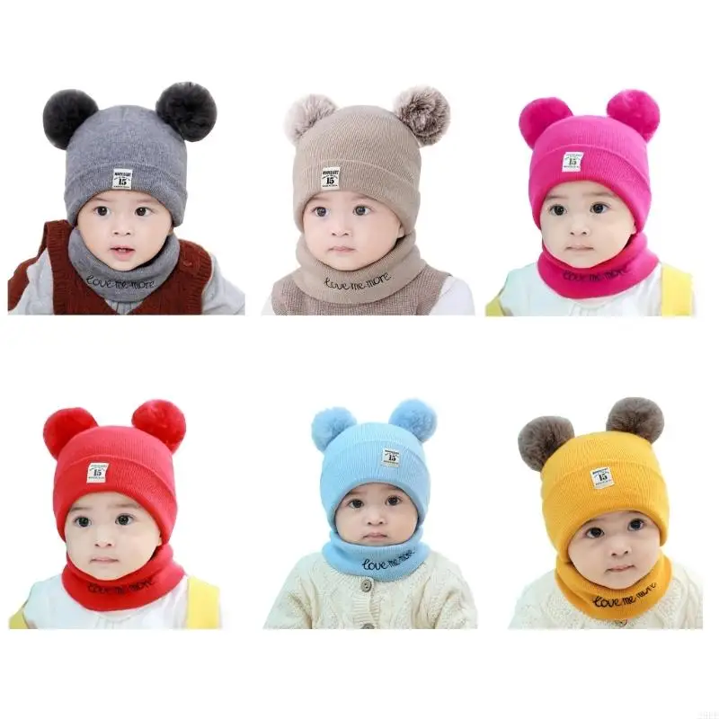 29EE 2pcs Knit Bear Hat & Scarf Set Winter Warm Hat with Neck Warmer Lightweight