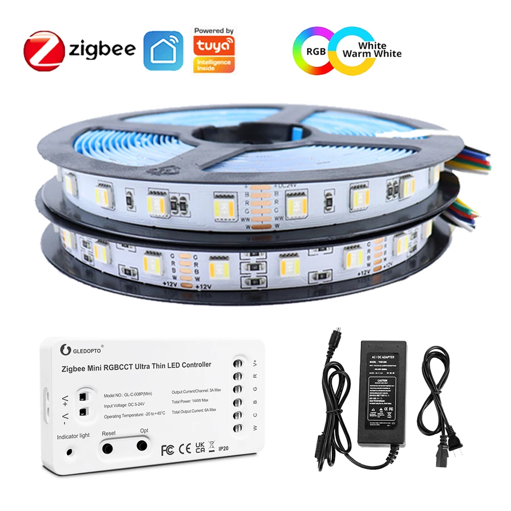 mini zigbee led strip light 5in chip rgbcw 5050 rgb mais cct lampada regulavel flexivel decoracao dc 12v power 5in alexa e google home 01