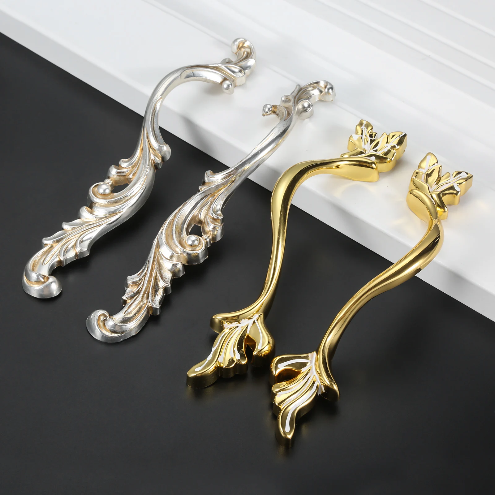 2pcs Handle Vintage Pull Slim Knob w/screw Bright Golden/Silver Branch Shape Classical Luxury Furniture Drawer Cabinet Kitchen