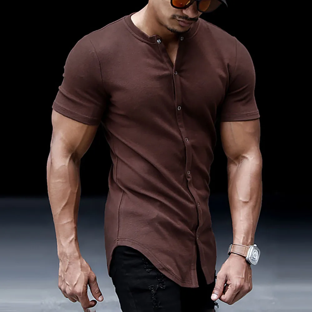 Men Casual Slim Solid Color Short Sleeve Shirt Outdoor Fitness Sports Running Stand Collar Cardigan Fashion Men Business Shirt