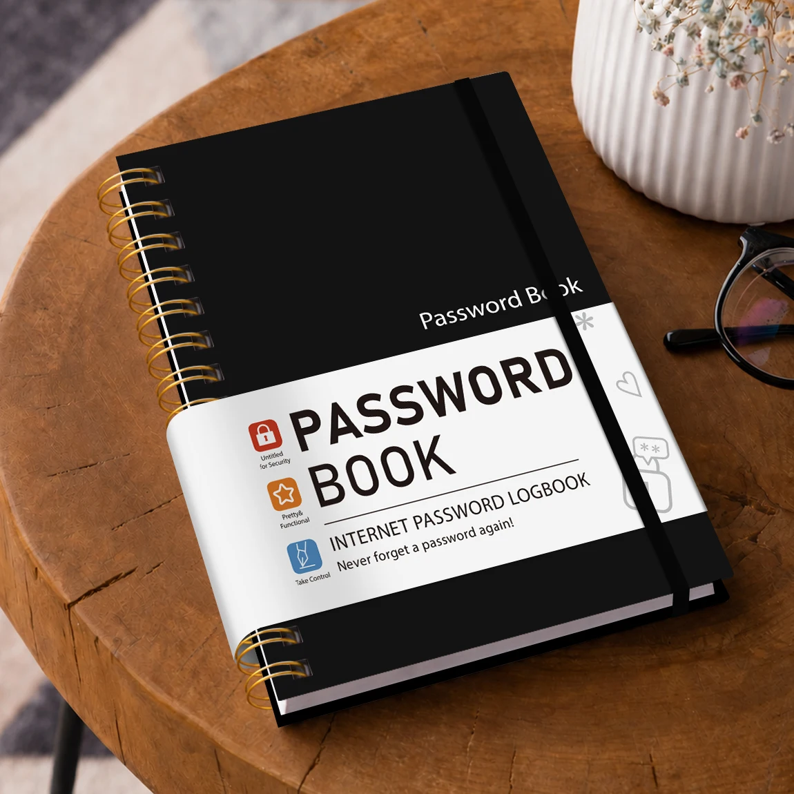

1PC Black Password Book Spiral Internet Password Logbook with A-Z Tabs Website Login Organizer and Elastic Band