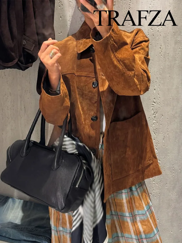 

TRAFZA Women Autumn Fashion Reverse Velvet Lapel Long Sleeve With Pockets Coat Female Chic Single-breasted Casual Jacket Mujer