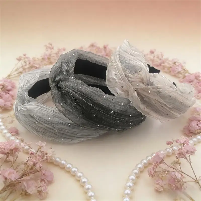 

Women's Elegant Tulle Knot Organza Headband Sparkly Rhinestones Hairband Non-Slip Wide Hair Hoop Accessories for Daily Wear
