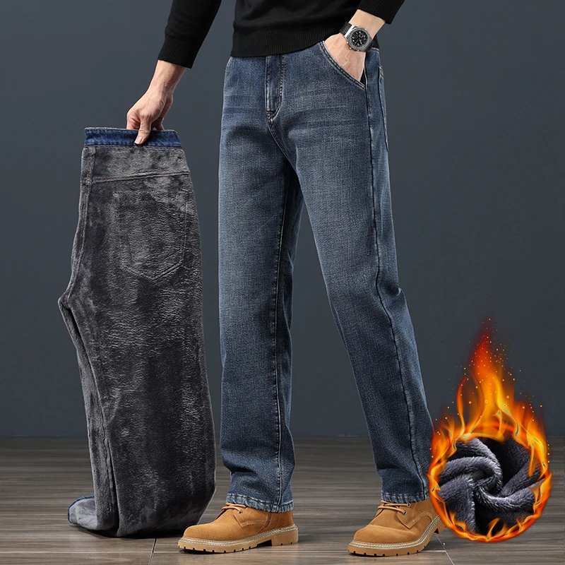 Winter Fleece Warm Men's Jeans Classic Loose Straight Plush Denim Pants Thickened Fashion Stretch Casual Thermal Trousers 42 44