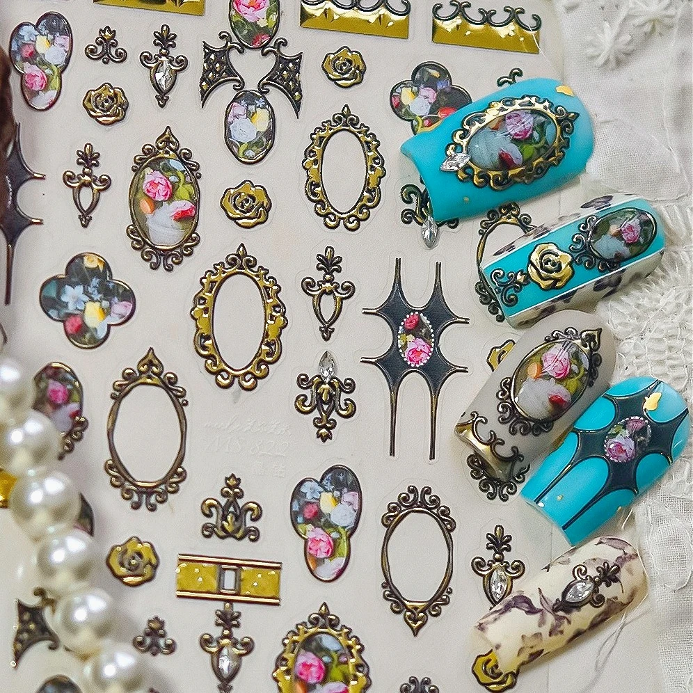 

Vintage Bohemia Totem Picture Frame Crystal Gold Rose Flower Silver Irregular Heart Moon Star Chinese Nail Art Stickers Decals