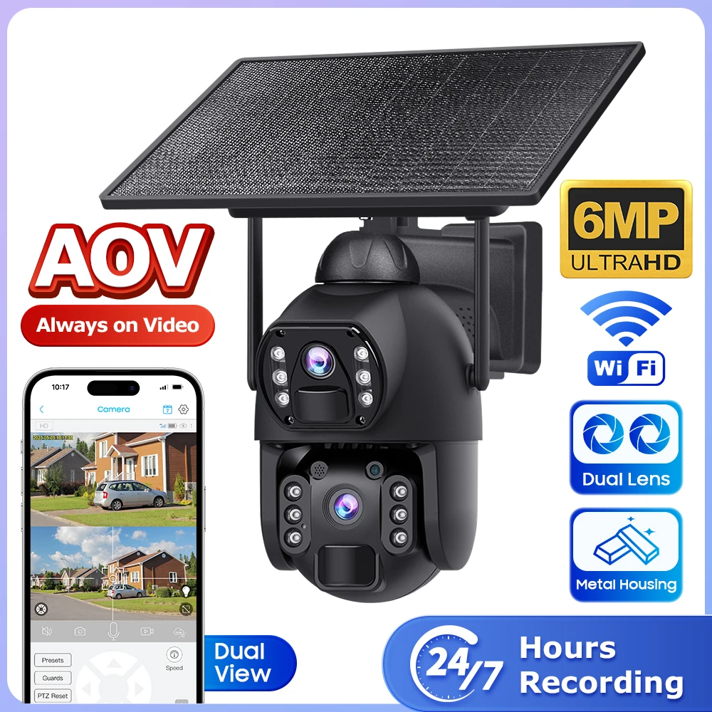 

AOV 24/7 Прожектор Солнечная батарея PTZ-камера 6MP Двойной вид PIR-обнаружение Безопасности CCTV