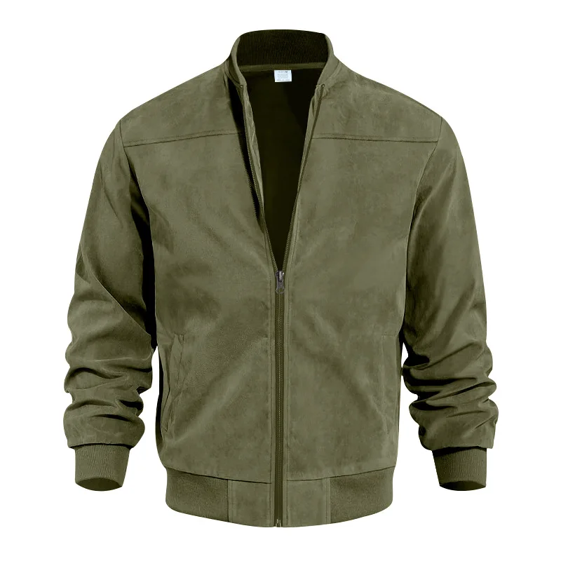 Spring Autumn Vintage Mens Casual Jackets Suede Bomber Outwear Solid Stand Collar Long SLeeve Zippers Baseball Jacket Coats Man