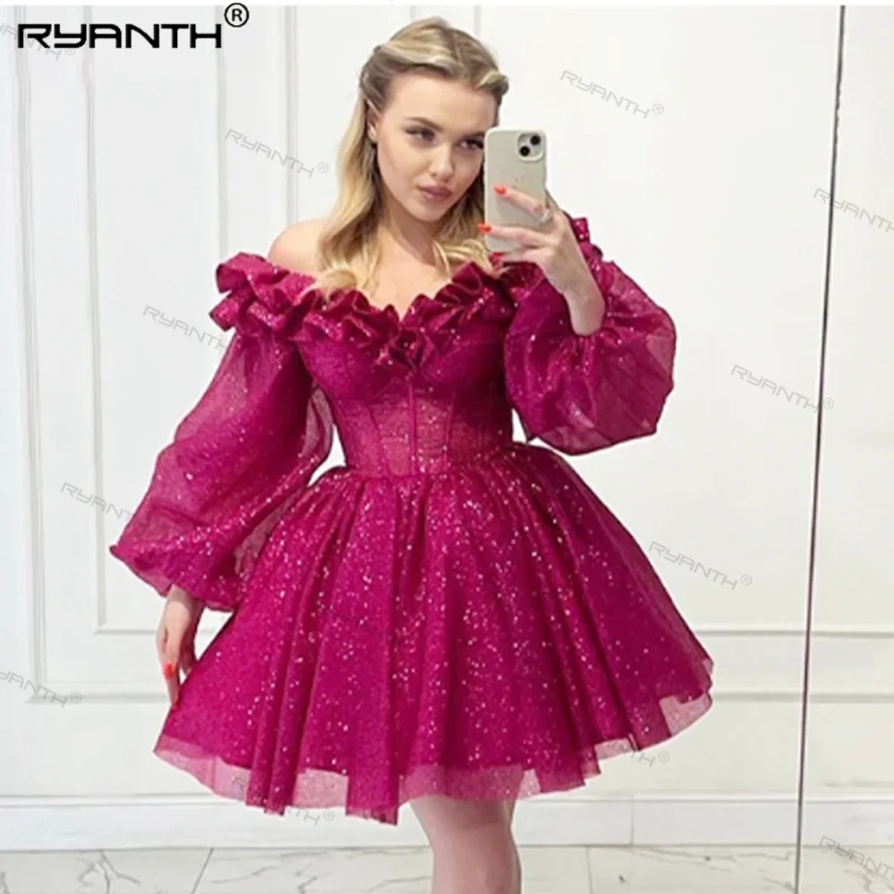 Ryanth Off Shoulder Homecoming Dresses Short Long Puff Sleeves Exposed Bones Girls Party Celebrity Gowns vestidos de noche 2024