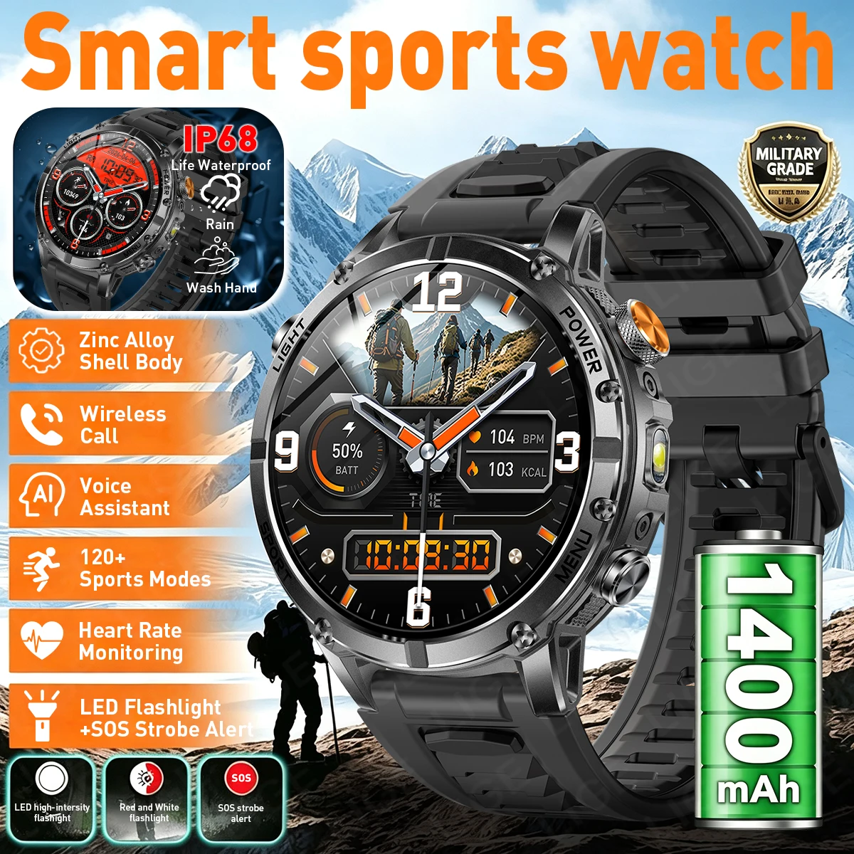LIGE Built-in 1400mAh Super Large Battery New Smart Watch Outdoor 1.7" SOS Flashlight Sports Waterproof BT Call Smartwatch Men