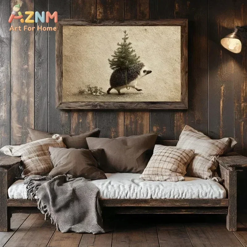 Vintage Christmas Canvas Wall Art Cute Hedgehog Carrying Small Xmas Tree Retro Winter Animal Print Frameless Canvas Poster