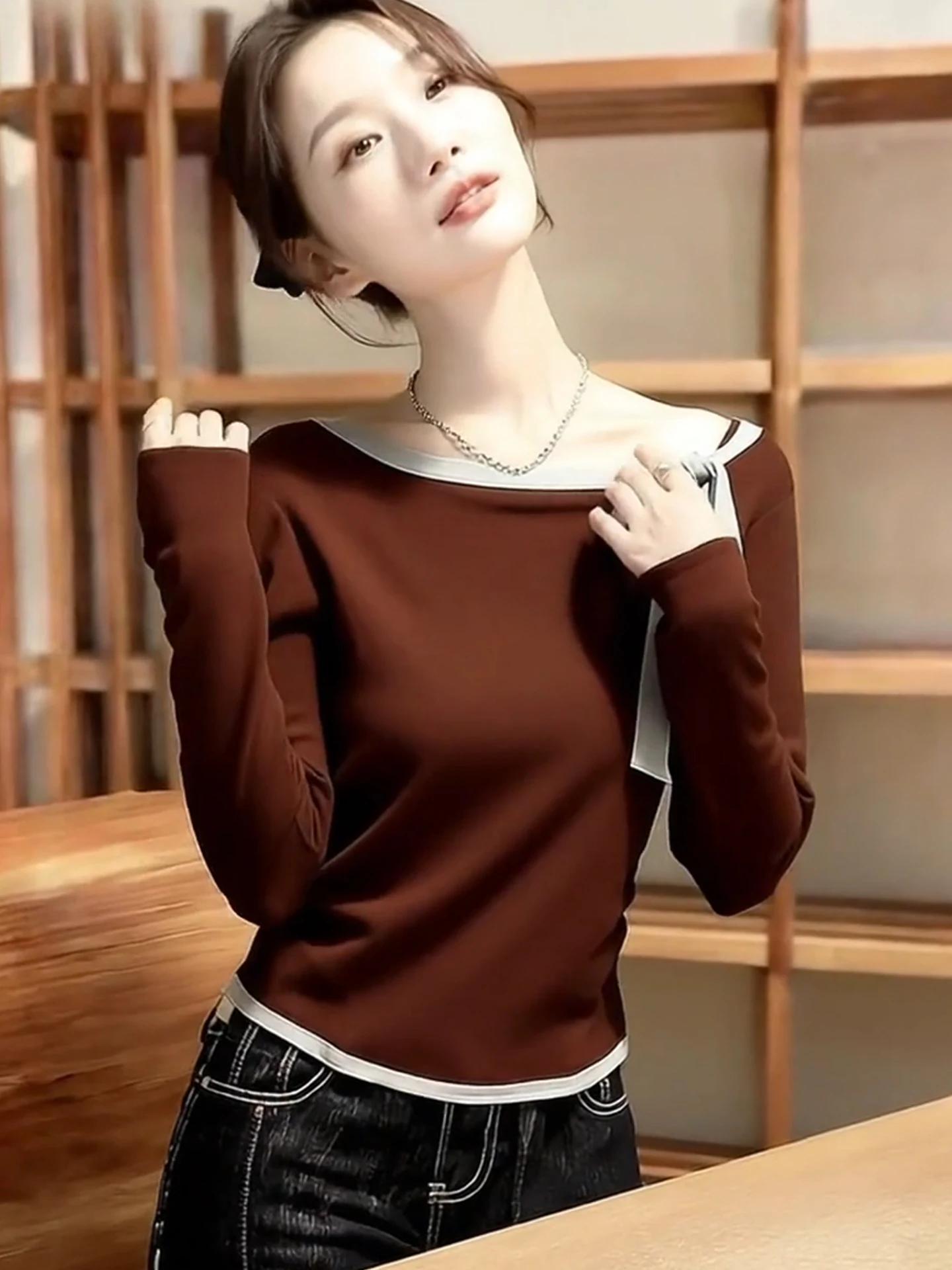 Fashionable Retro Long Sleeve T-Shirt Design Sense Color Block Belt Popular Base Shirt Top for Women Commute Style Sun Protec...