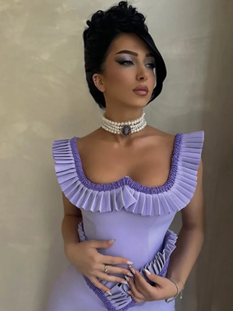 

2025 Women Celebrity Sexy O Neck Ruffles Purple Beading Maxi Long Bodycon Bandage Dress Elegant Evening Club Party Dress