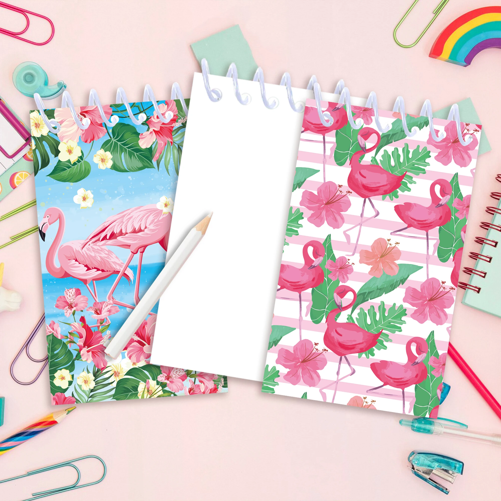 8pcs ฮาวาย Flamingo MINI SPIRAL Pocket Notebooks MeMO Pad COIL หนังสือเล่มเล็ก Notepads สําหรับเครื่องเขียนไดอารี่โรงเรียนปาร์ตี้ฤดูร้อน
