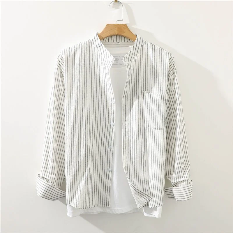 Men Striped Shirt Spring Summer Loose Stand Collar Breathable Long Sleeve Fashion Trendy Versatile Japanese Style Youth Shirt
