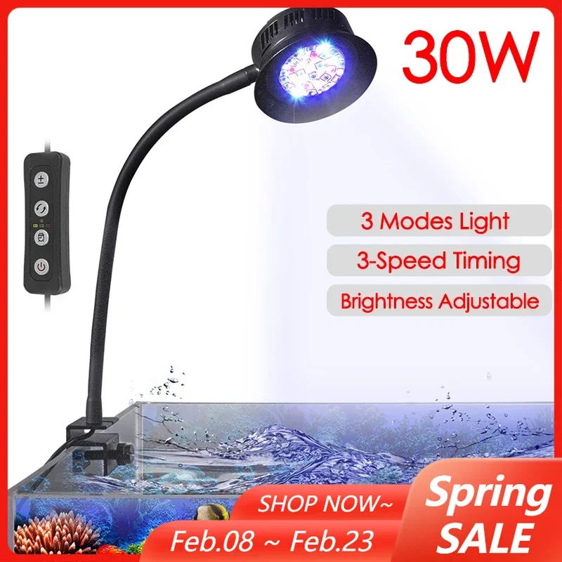 

30 Вт зажим для аквариума, морская вода, морская вода, морской коралловый риф, светодиодный светильник и светильник для растений, регулируемая яркость, небольшая лампа для аквариума