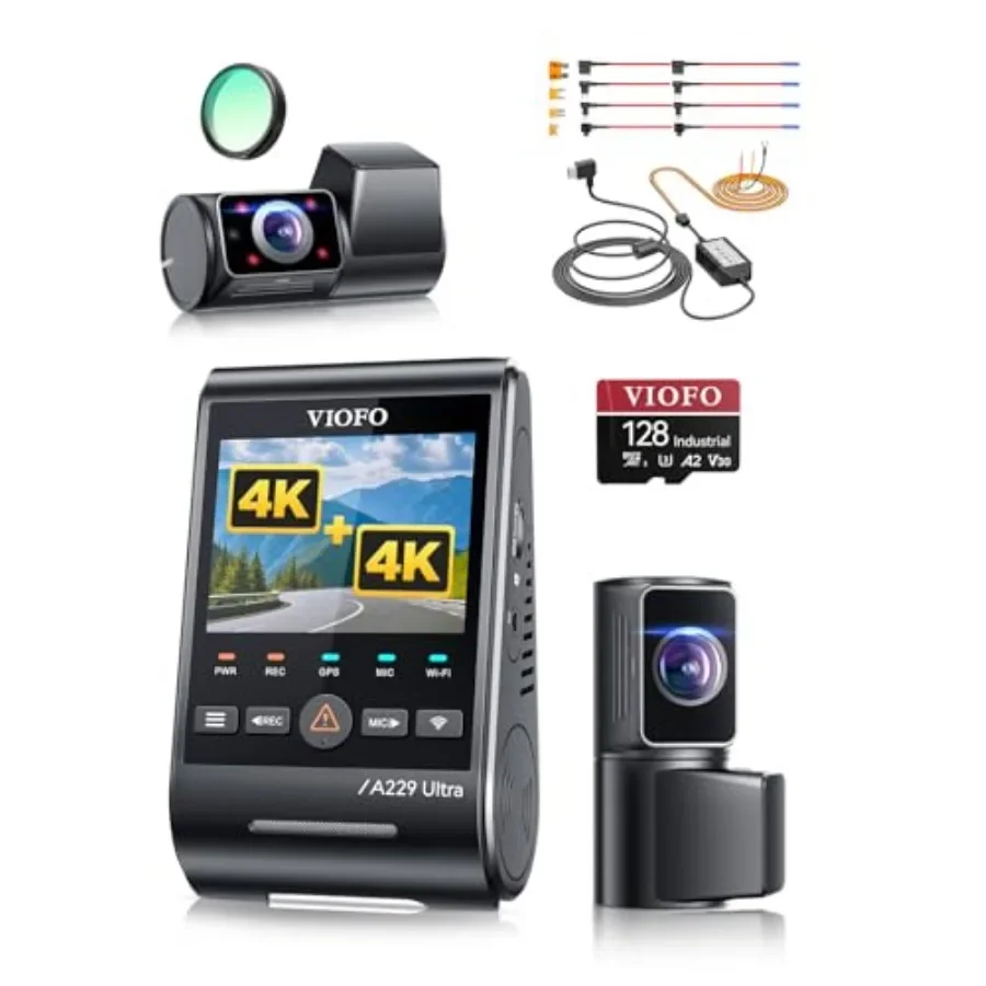 

A229U 3CH+128GB Card+HK4 Hardwire Kit: Ultra 3-channel dash cam for car, STARVIS 2 sensors, dual 4K HDR + 1080P, 210 fisheye ca
