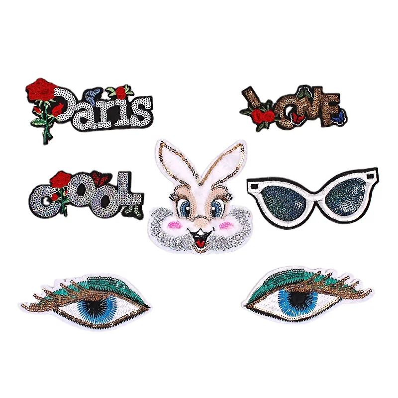 50pcs/Lot Luxury Sequin Embroidery Patch Peacock Eye Bunny Love Letter Shirt Bag Clothing Decoration Accessory Craft Applique