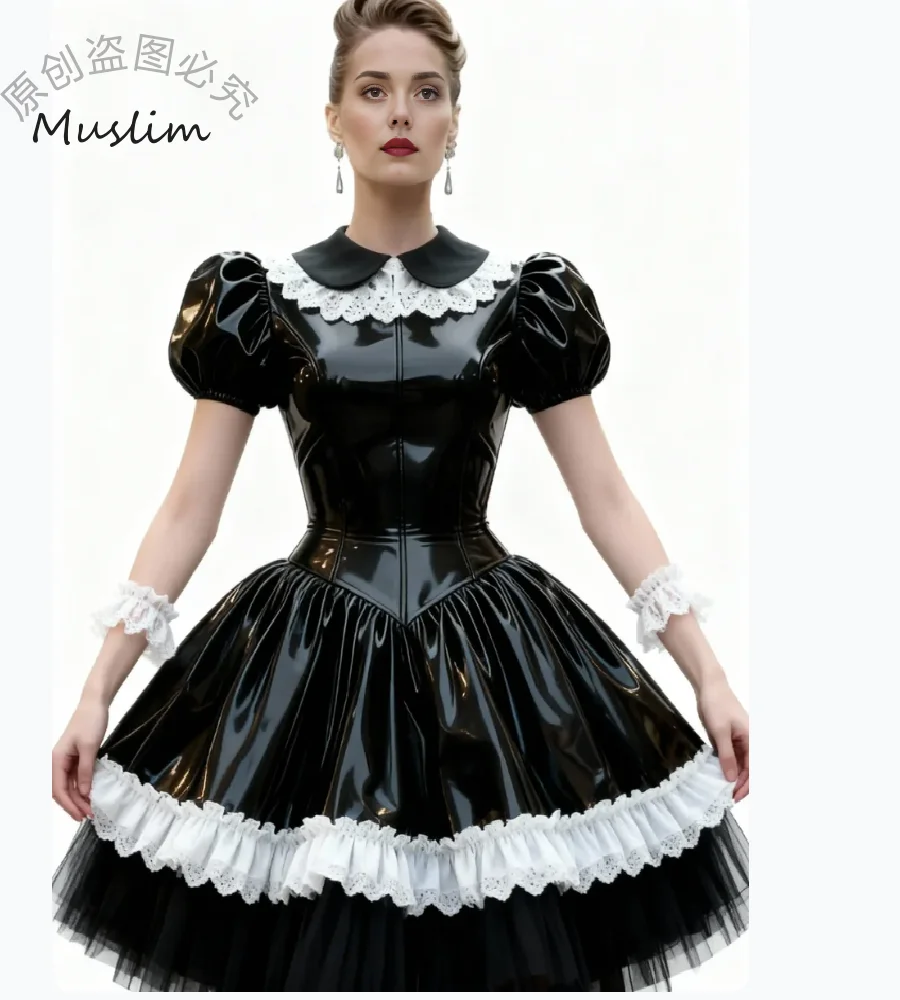 

Shiny Black Sorceress Evening Dress Frilly Gothic Pvc Prom Dress Short Vintage Costume Dress 2026 Witchy Fantasy Formal Cocktail